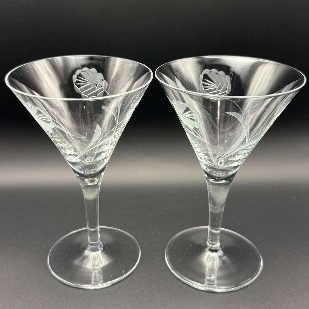Vintage Set 2 Etched Floral Martini Glasses Clear Glass Frosted Flower Stemware